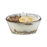 Clear oval plastic mini cups with attached lids and spoons, 4 oz capacity, 4" size, ideal for convenient dessert servings, 288 cups per case.